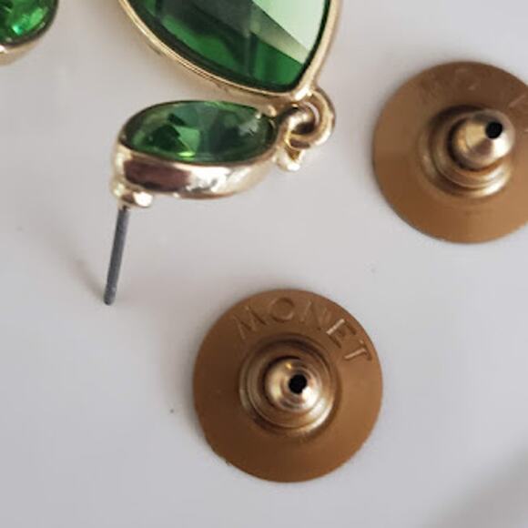 Monet Earrings Green Faceted Crystals in Gold Tone Setting 1 inch Drop from Stud - Picture 4 of 5